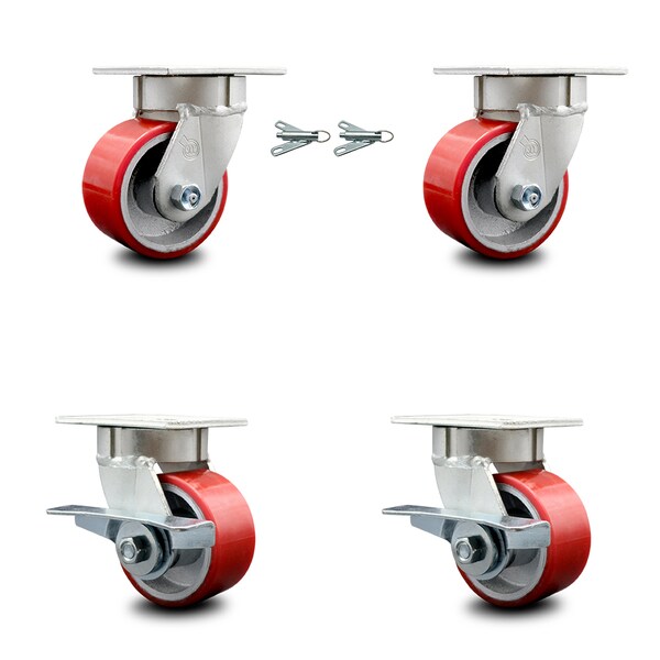 Service Caster 4 Inch Kingpinless Red Poly on Steel Wheel Caster Swivel Locks 2 Brakes, 2PK SCC-KP30S420-PUR-RS-BSL-2-SLB-2 - main
